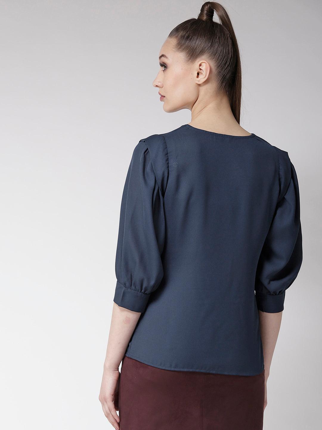 Women Navy Blue Solid Top-Tops-StyleQuotient