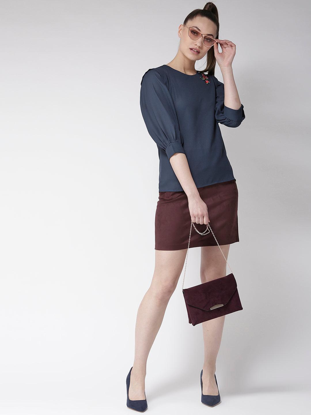 Women Navy Blue Solid Top-Tops-StyleQuotient