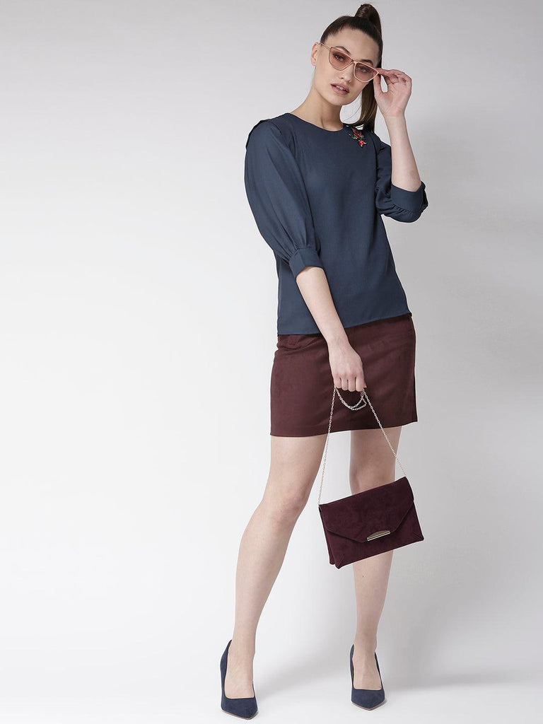 Women Navy Blue Solid Top-Tops-StyleQuotient