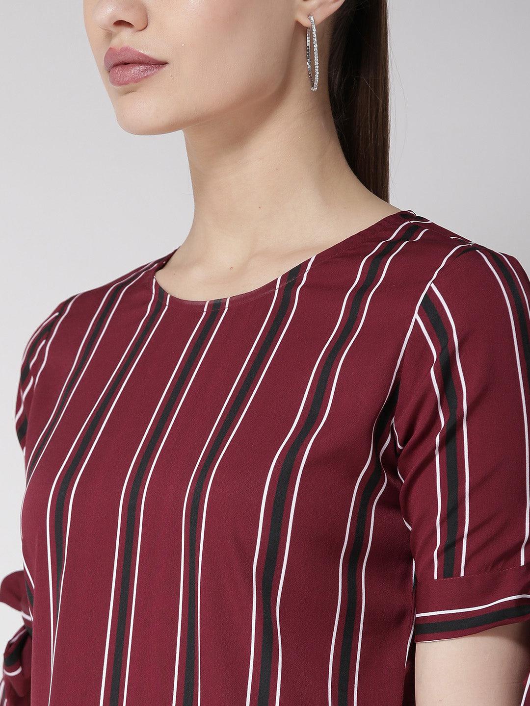 Women Maroon Striped A-Line Dress-Dresses-StyleQuotient