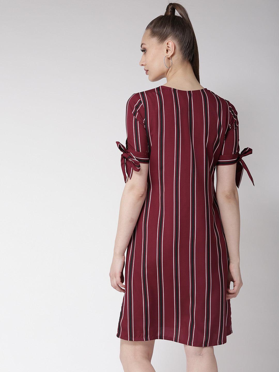 Women Maroon Striped A-Line Dress-Dresses-StyleQuotient