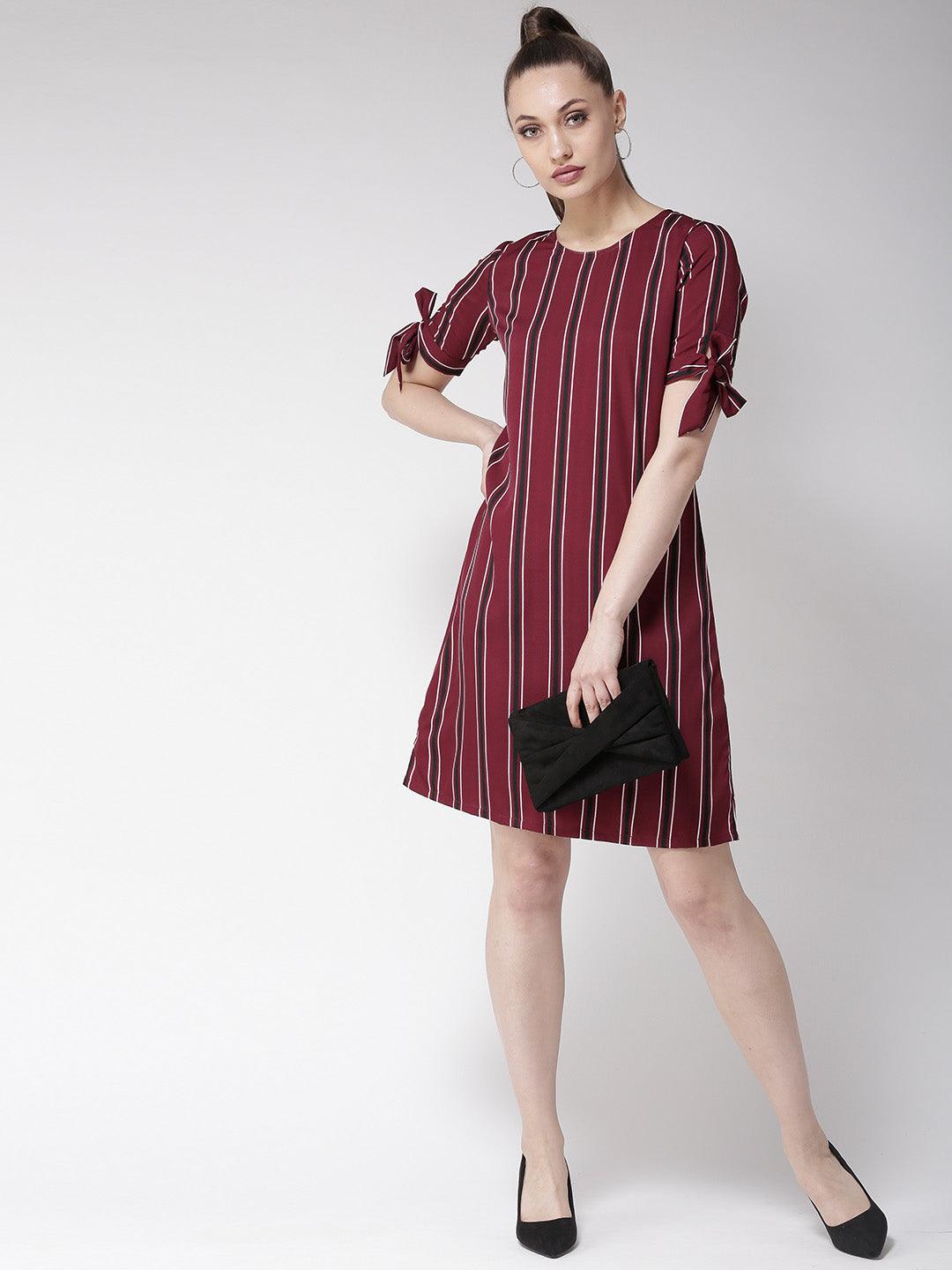 Women Maroon Striped A-Line Dress-Dresses-StyleQuotient