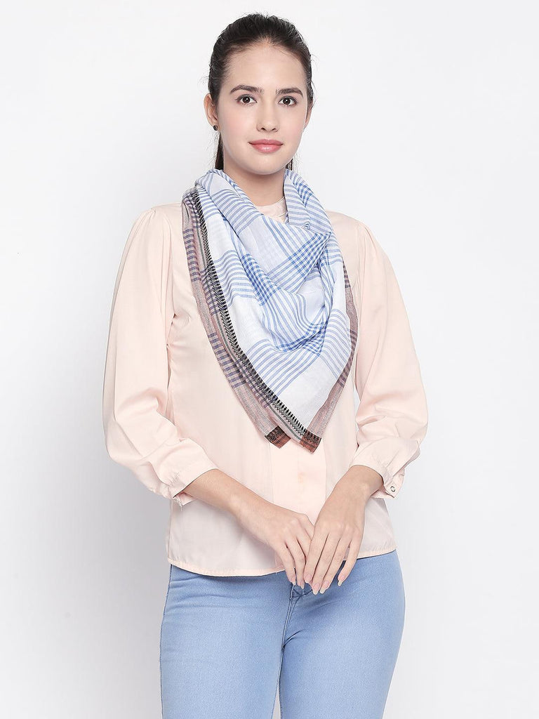 Women Blue & White Checked Scarf-Stoles & Scarves-StyleQuotient