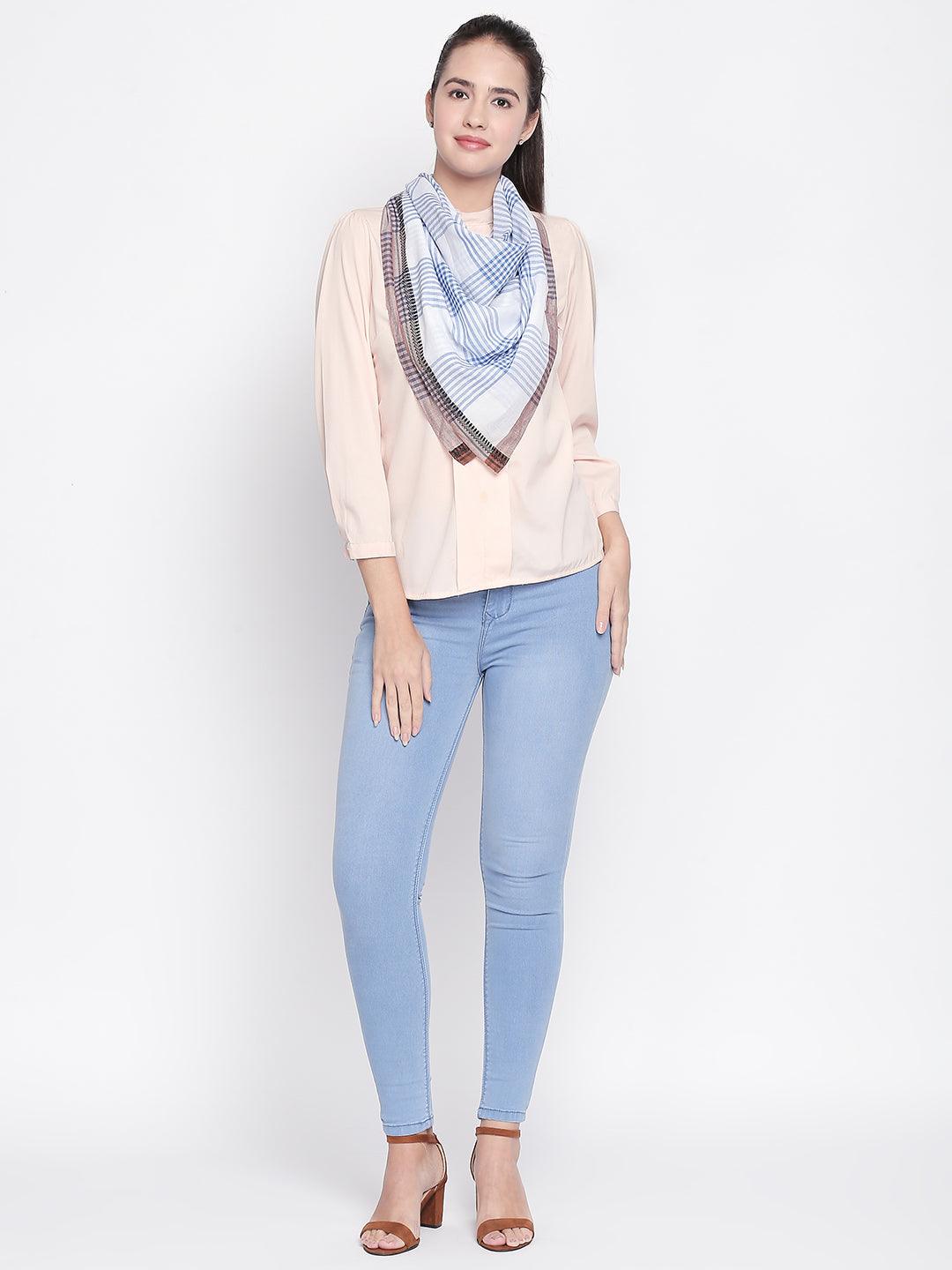 Women Blue & White Checked Scarf-Stoles & Scarves-StyleQuotient