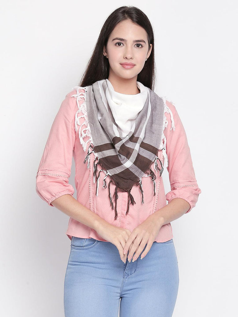 Women Brown & White Checked Scarf-Stoles & Scarves-StyleQuotient