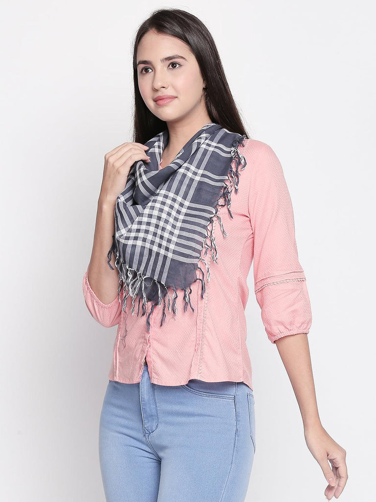 Women Navy Blue & White Checked Scarf-Stoles & Scarves-StyleQuotient