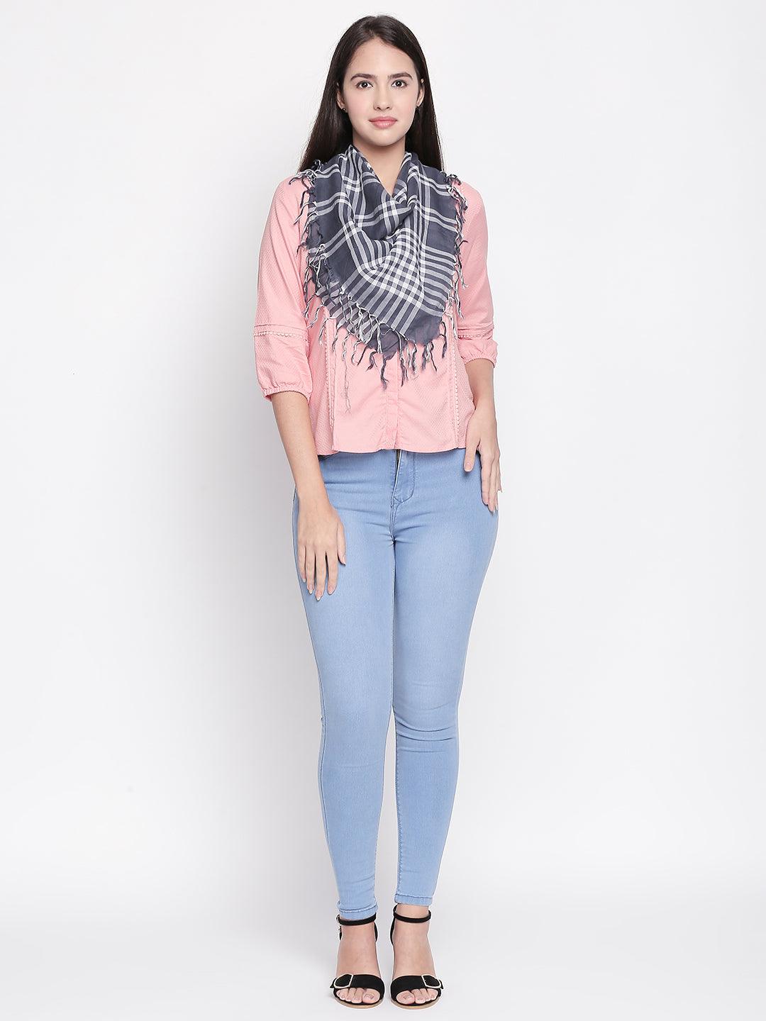 Women Navy Blue & White Checked Scarf-Stoles & Scarves-StyleQuotient