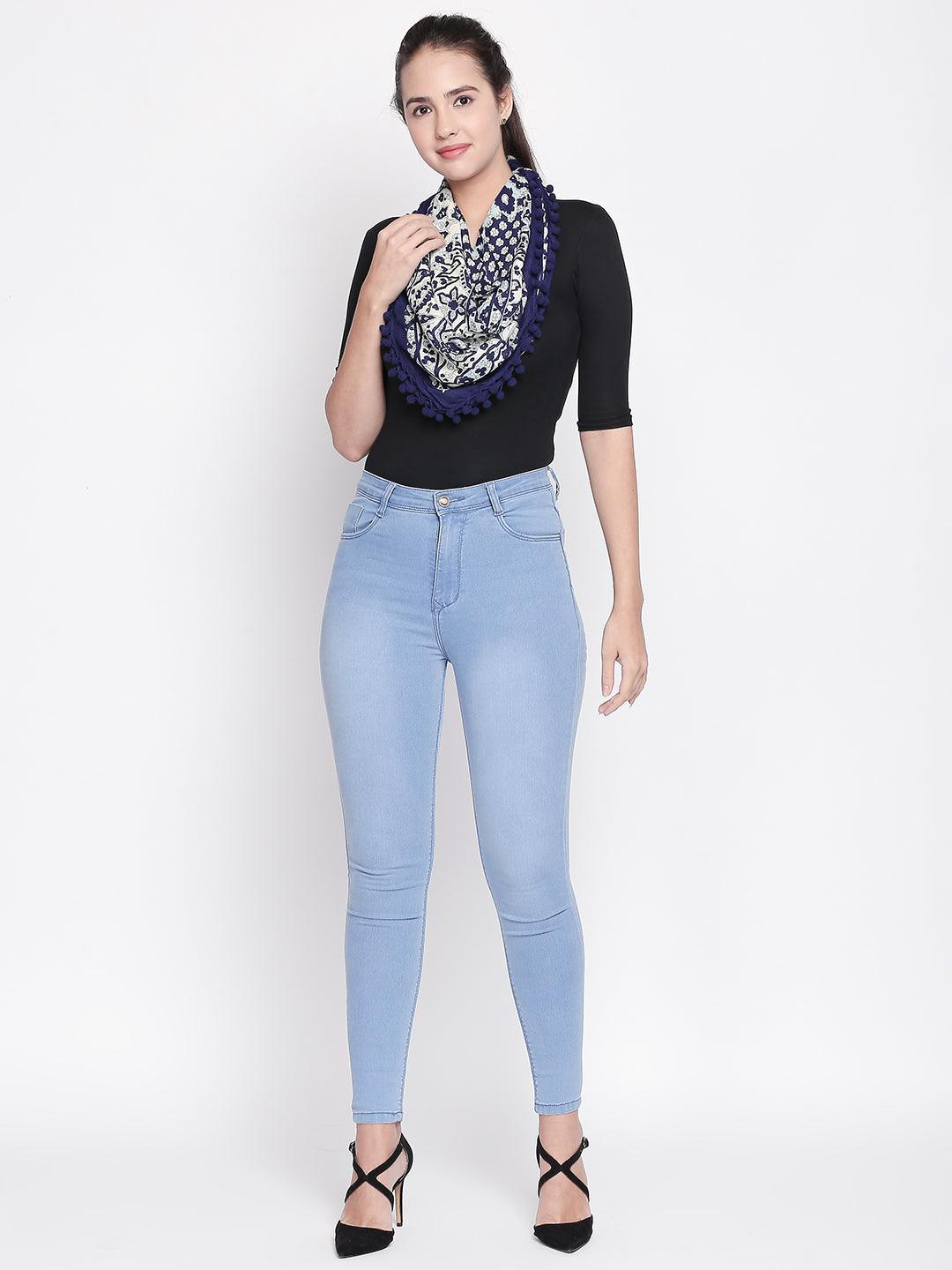 Women White & Blue Printed Scarf-Stoles & Scarves-StyleQuotient