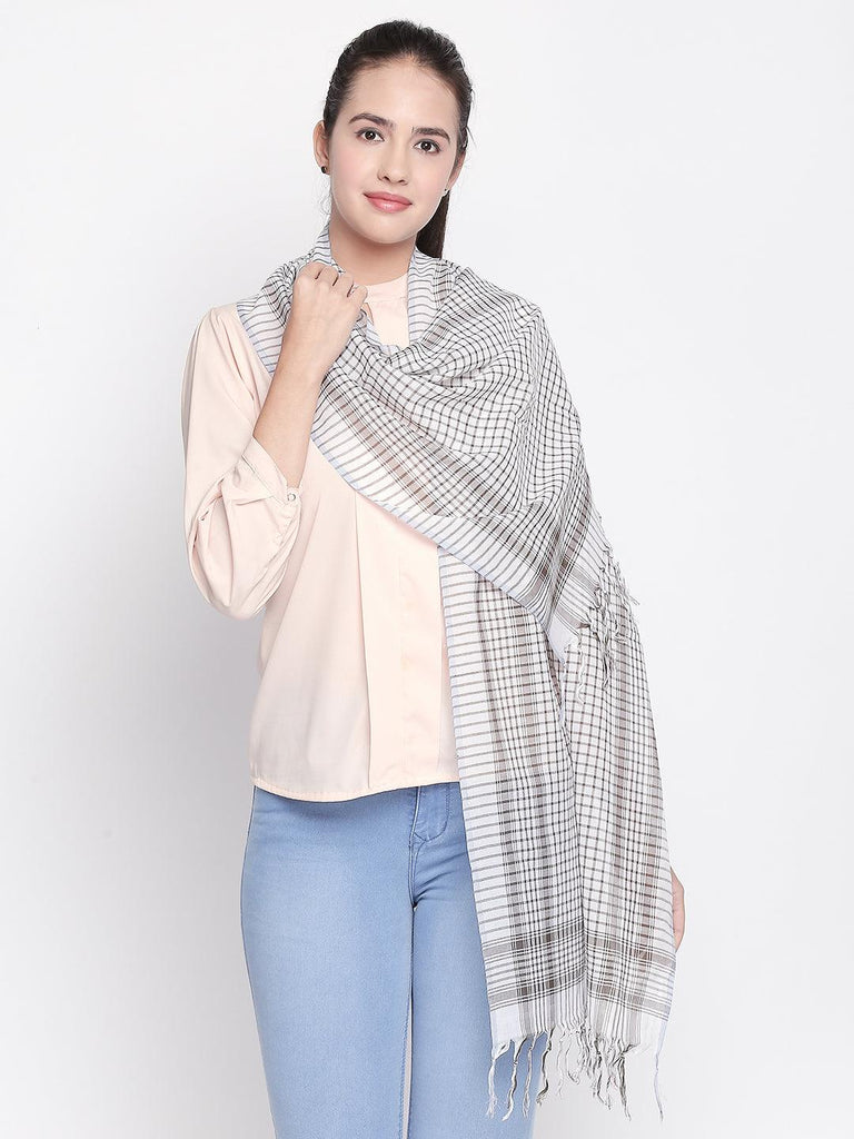 Women Brown & White Checked Scarf-Stoles & Scarves-StyleQuotient