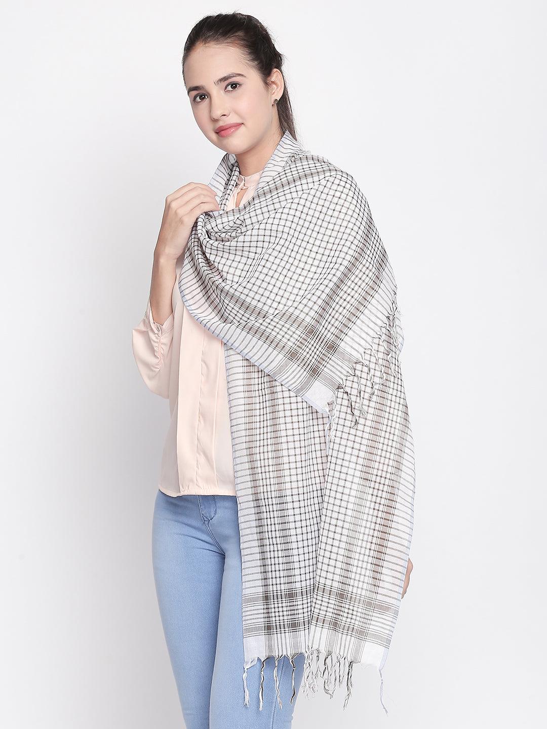 Women Brown & White Checked Scarf-Stoles & Scarves-StyleQuotient