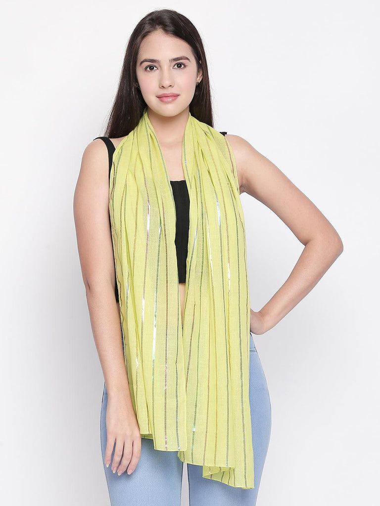 Women Lime Green & Silver-Toned Striped Scarf-Stoles & Scarves-StyleQuotient