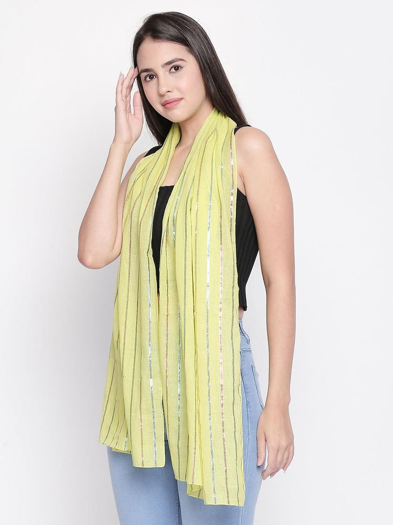 Women Lime Green & Silver-Toned Striped Scarf-Stoles & Scarves-StyleQuotient