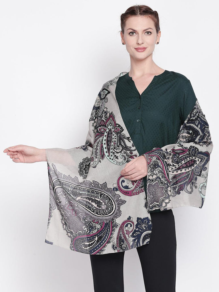 Women Grey Printed Scarf-Stoles & Scarves-StyleQuotient