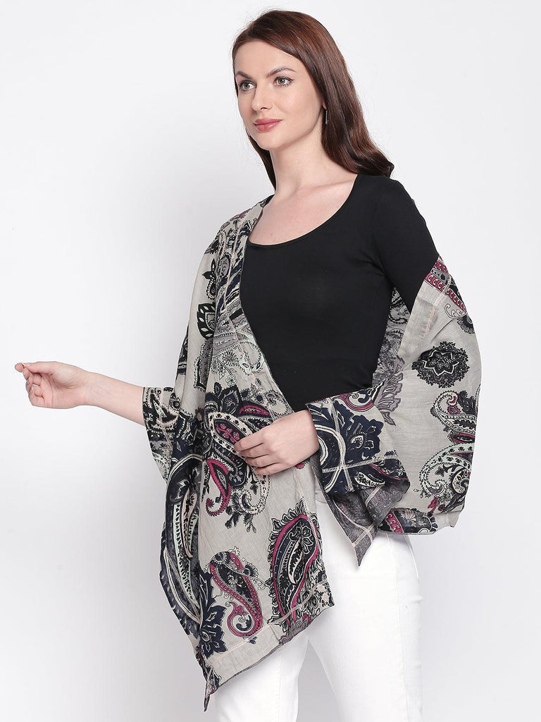 Women Grey & Navy Blue Printed Scarf-Stoles & Scarves-StyleQuotient