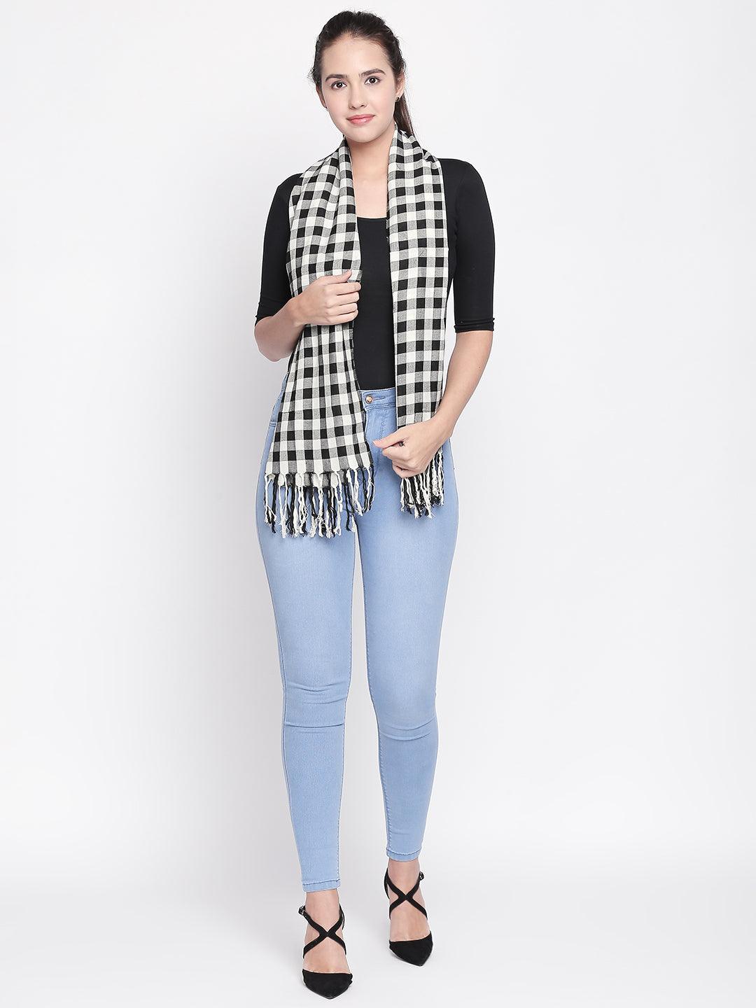 Women Black & White Checked Scarf-Stoles & Scarves-StyleQuotient