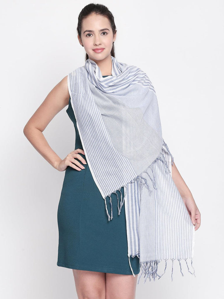 Women Blue Striped Scarf-Stoles & Scarves-StyleQuotient