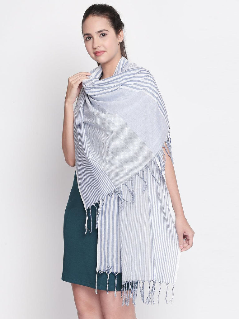 Women Blue Striped Scarf-Stoles & Scarves-StyleQuotient