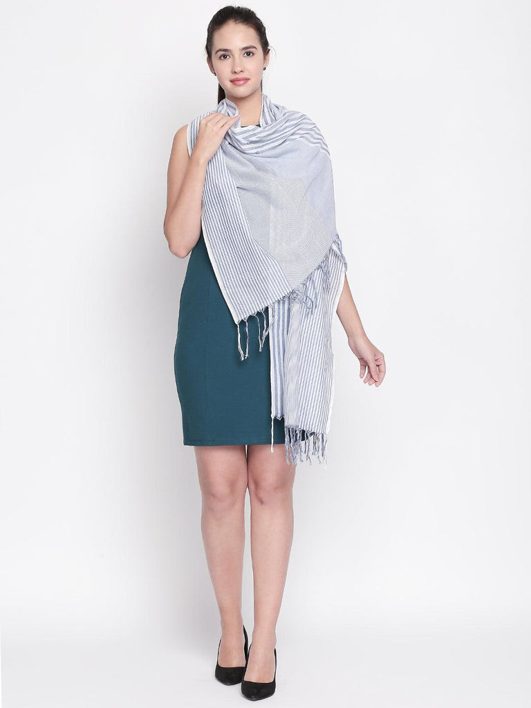 Women Blue Striped Scarf-Stoles & Scarves-StyleQuotient