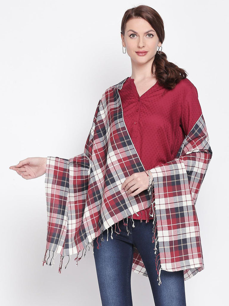 Women Red Checked Scarf-Stoles & Scarves-StyleQuotient