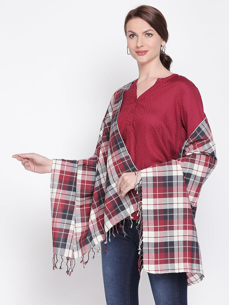 Women Red Checked Scarf-Stoles & Scarves-StyleQuotient