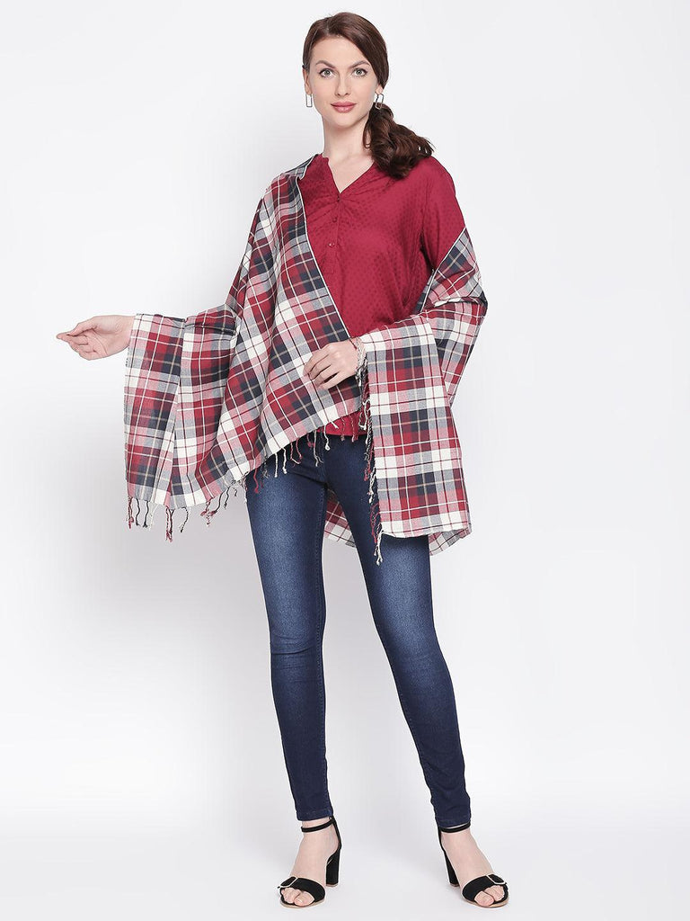 Women Red Checked Scarf-Stoles & Scarves-StyleQuotient