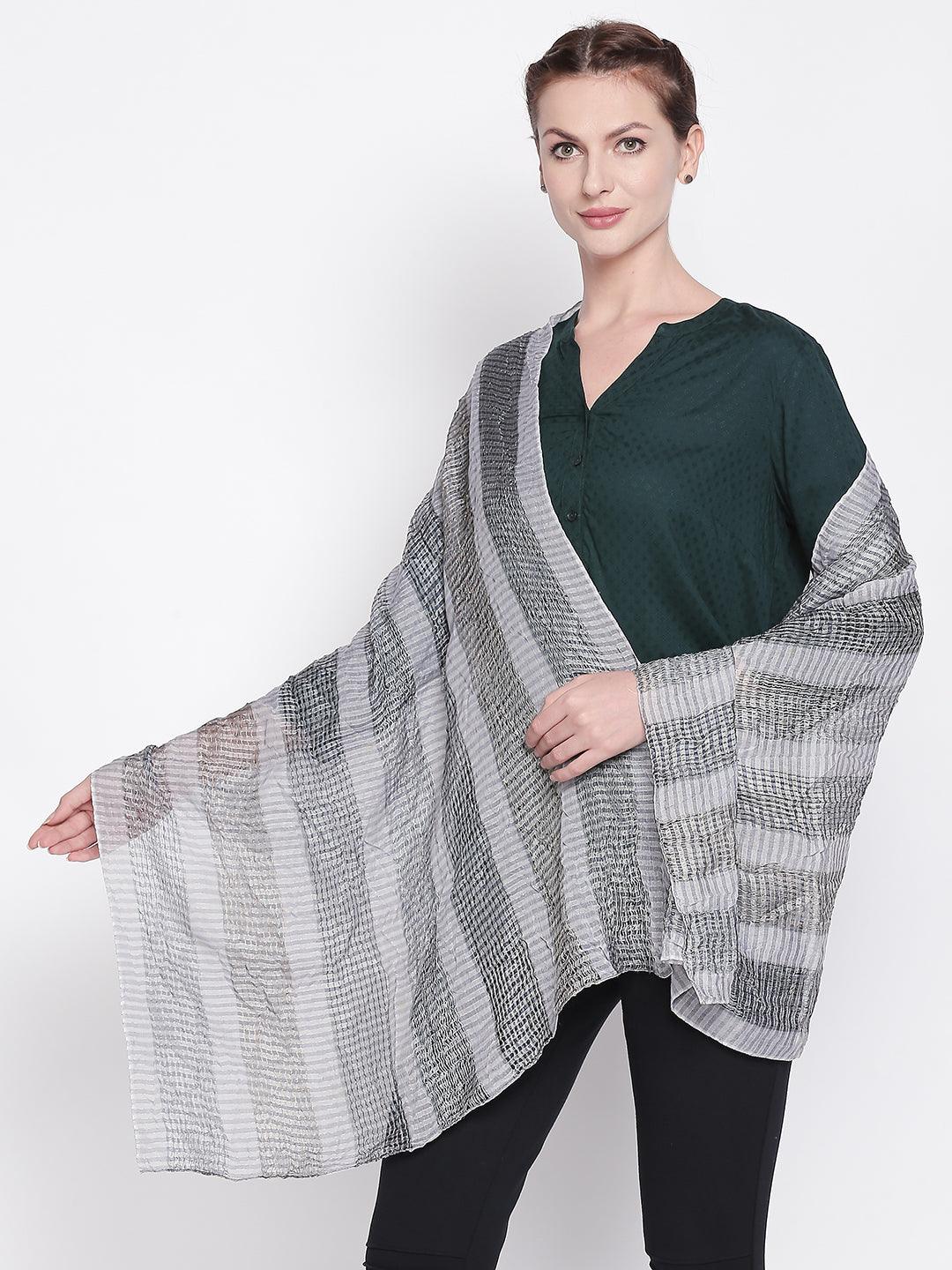 Women Grey Striped Scarf-Stoles & Scarves-StyleQuotient