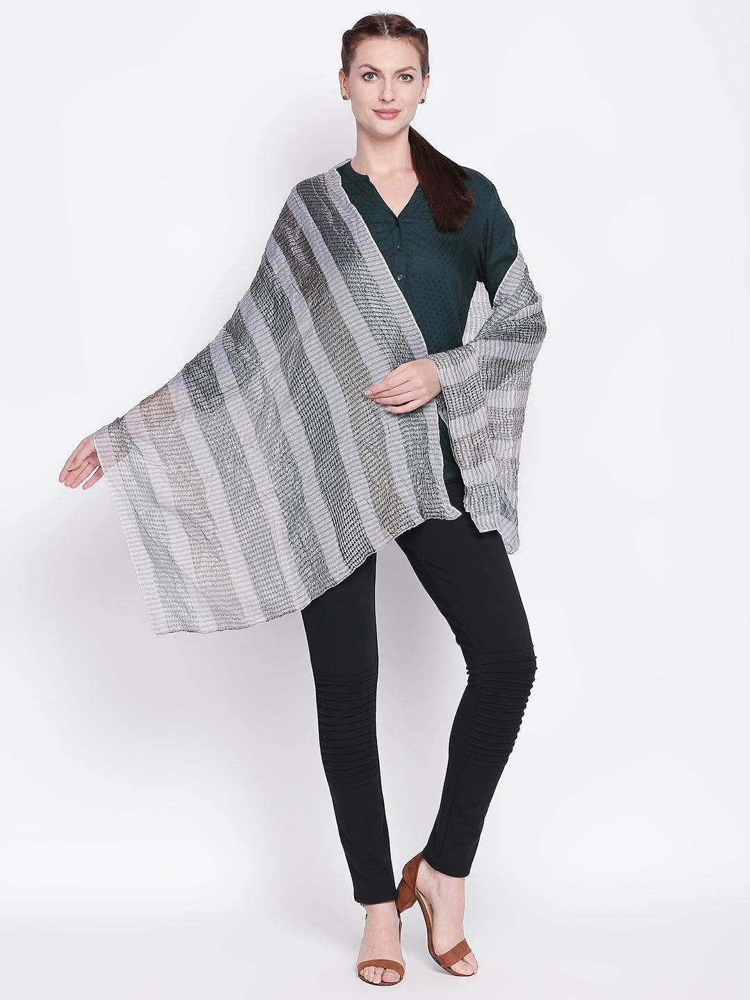 Women Grey Striped Scarf-Stoles & Scarves-StyleQuotient