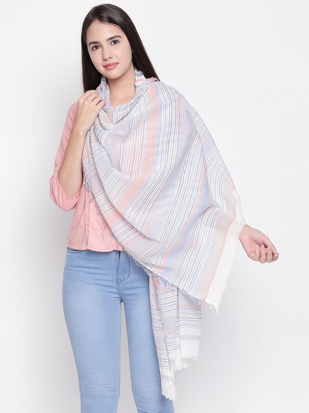 Women Blue Striped Scarf-Stoles & Scarves-StyleQuotient