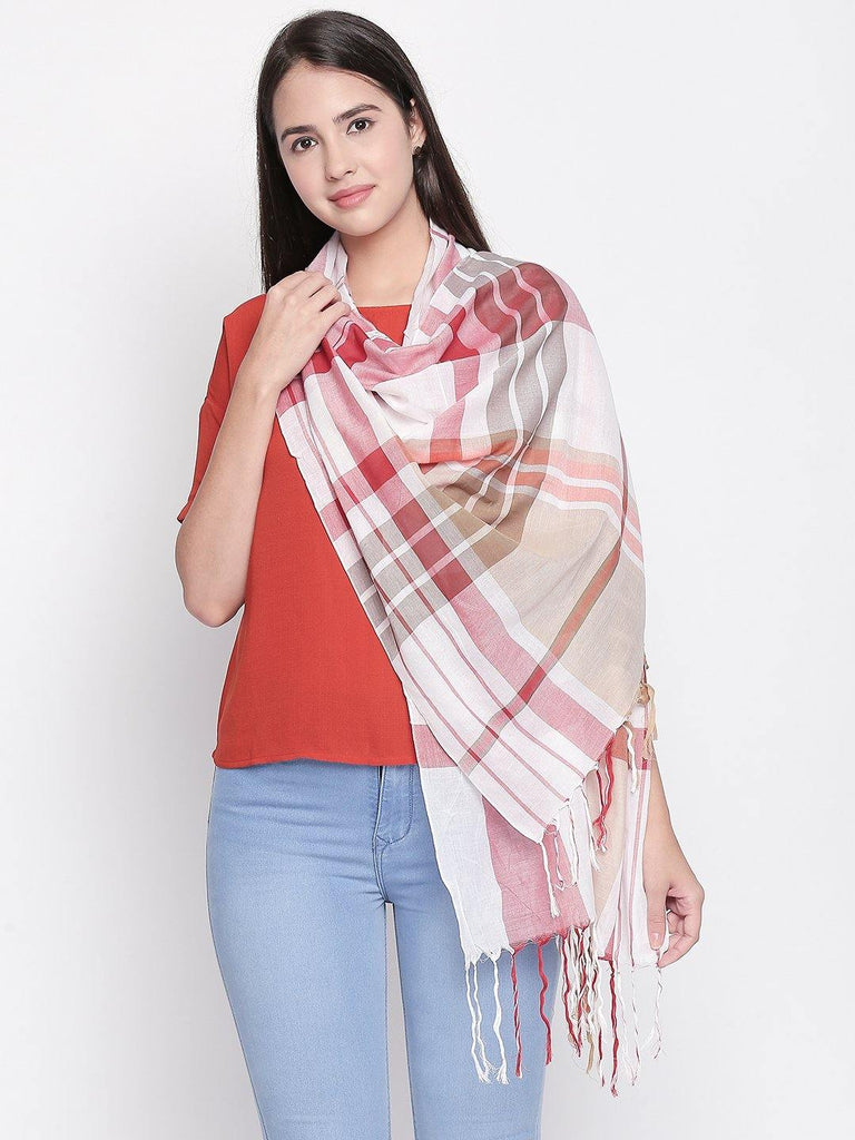 Women Beige & Red Checked Scarf-Stoles & Scarves-StyleQuotient