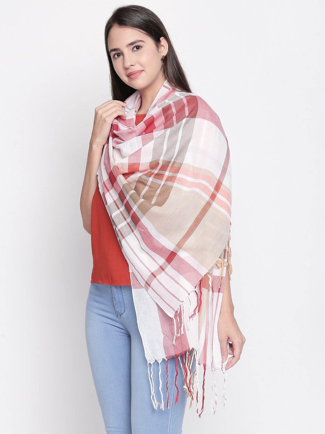 Women Beige & Red Checked Scarf-Stoles & Scarves-StyleQuotient