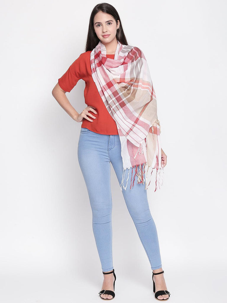 Women Beige & Red Checked Scarf-Stoles & Scarves-StyleQuotient