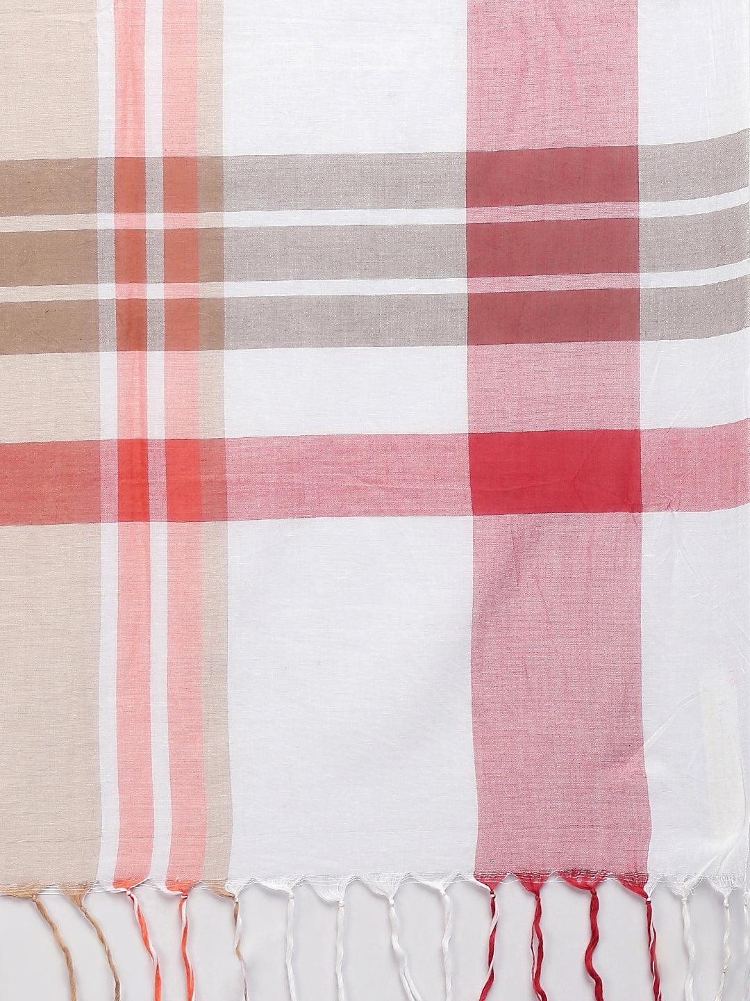 Women Beige & Red Checked Scarf-Stoles & Scarves-StyleQuotient