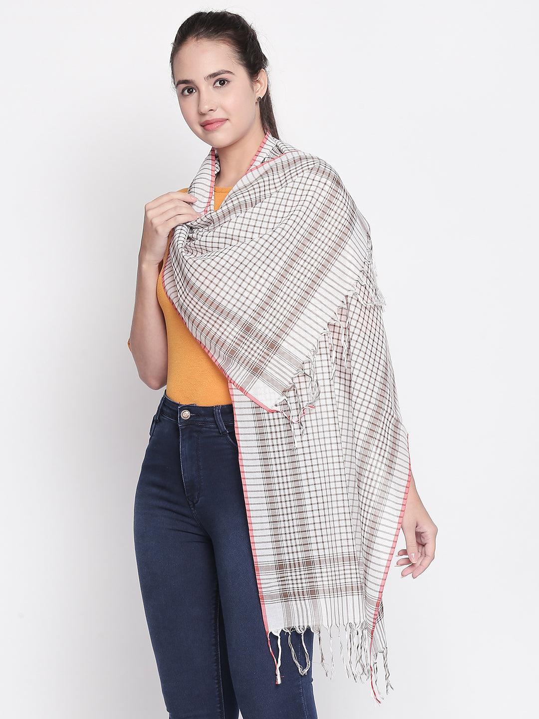 Women Brown & White Checked Scarf-Stoles & Scarves-StyleQuotient