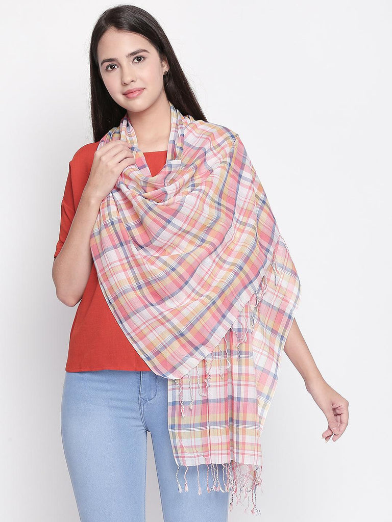 Women Blue & Coral Pink Checked Scarf-Stoles & Scarves-StyleQuotient