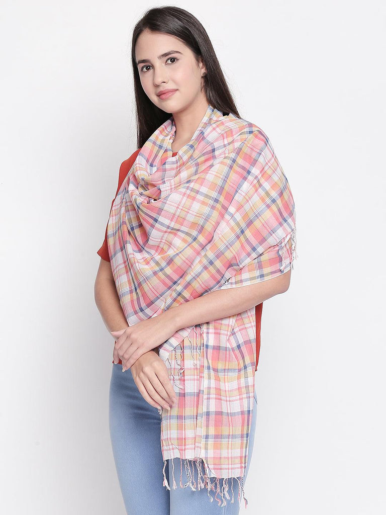 Women Blue & Coral Pink Checked Scarf-Stoles & Scarves-StyleQuotient