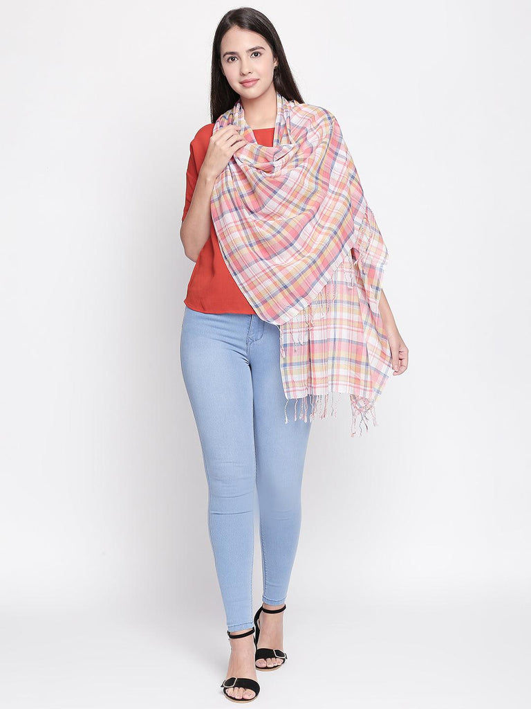 Women Blue & Coral Pink Checked Scarf-Stoles & Scarves-StyleQuotient