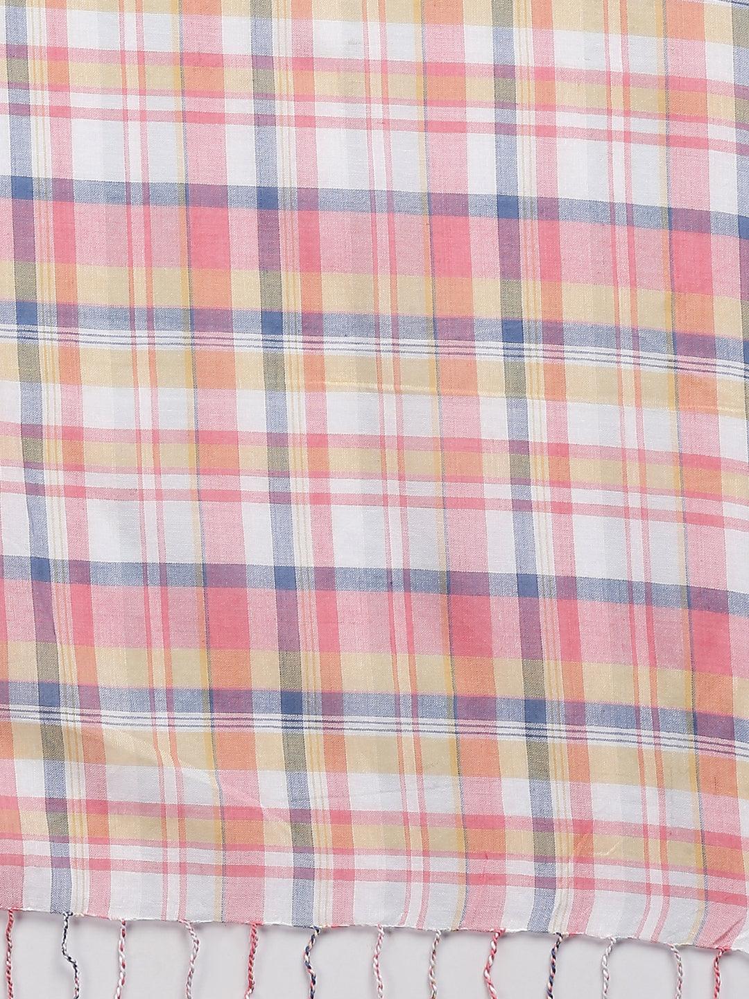 Women Blue & Coral Pink Checked Scarf-Stoles & Scarves-StyleQuotient