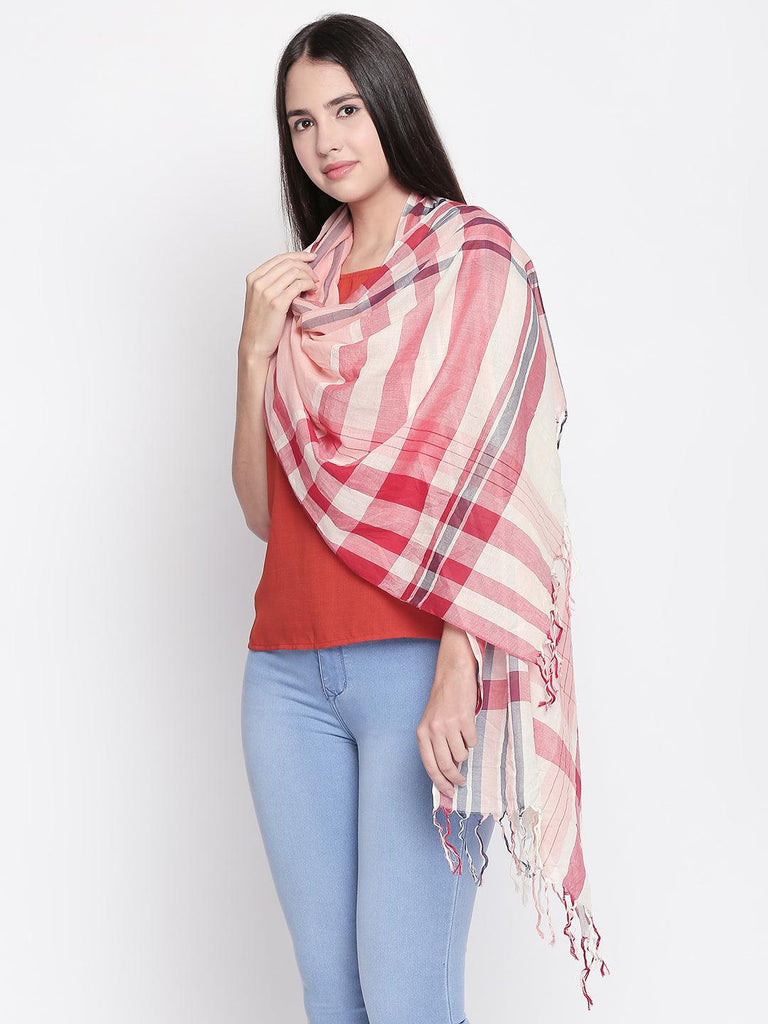 Women Peach-Coloured & Red Checked Scarf-Stoles & Scarves-StyleQuotient