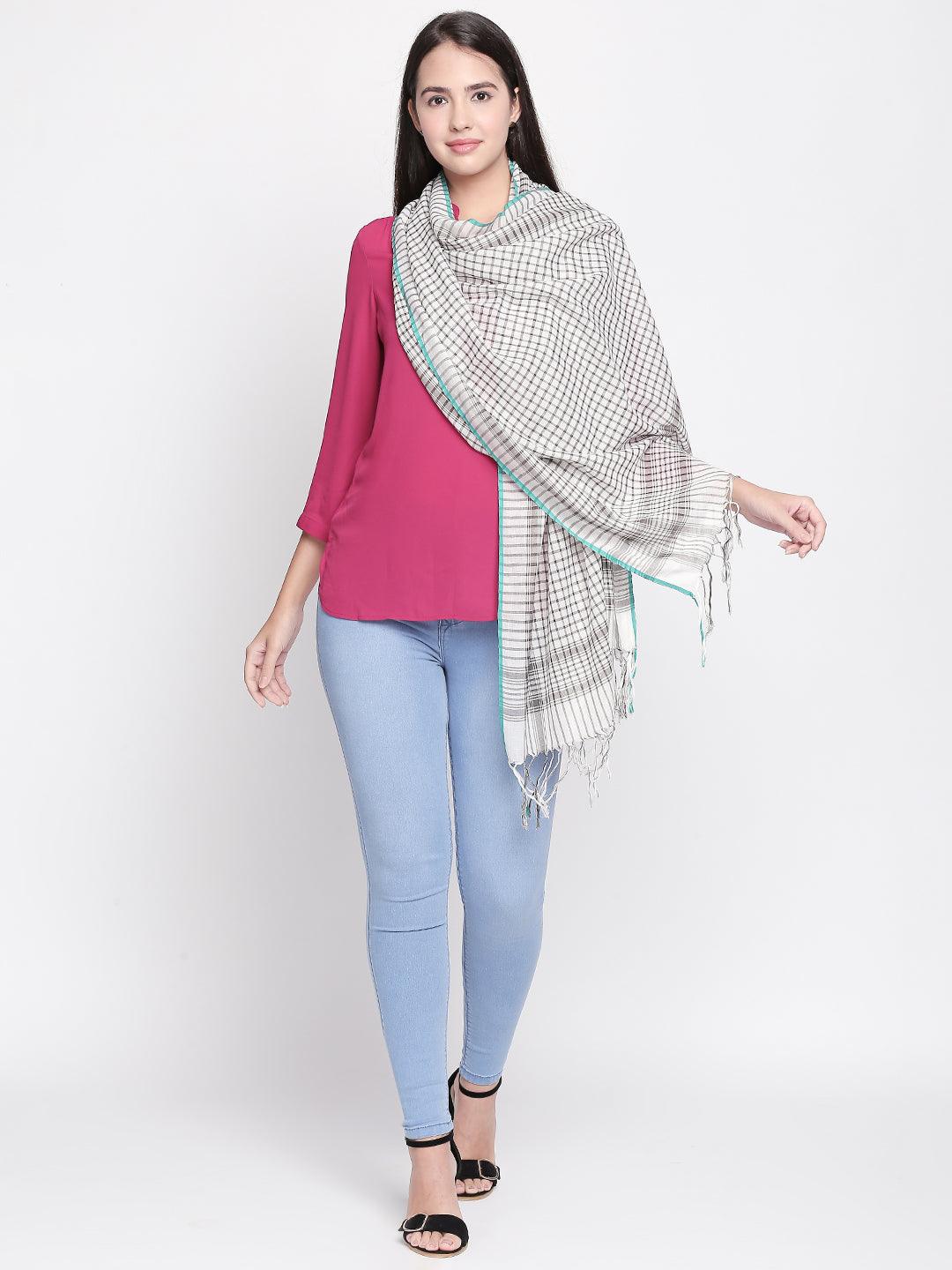 Women Grey & White Checked Scarf-Stoles & Scarves-StyleQuotient