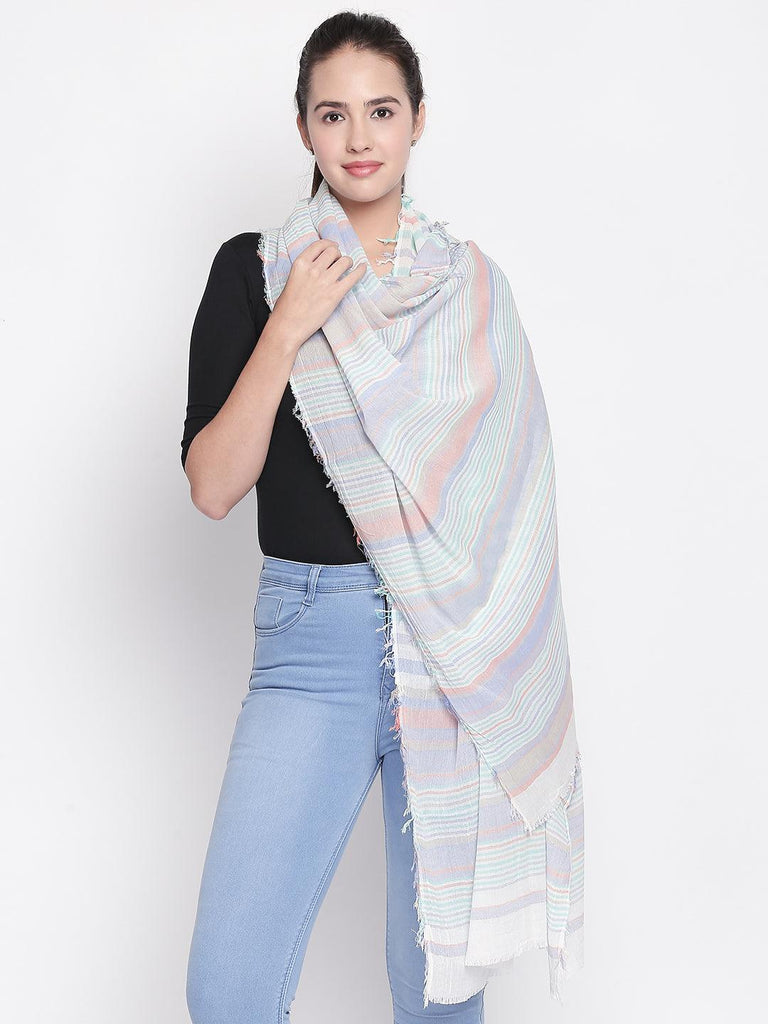 Women Blue & Green Striped Scarf-Stoles & Scarves-StyleQuotient