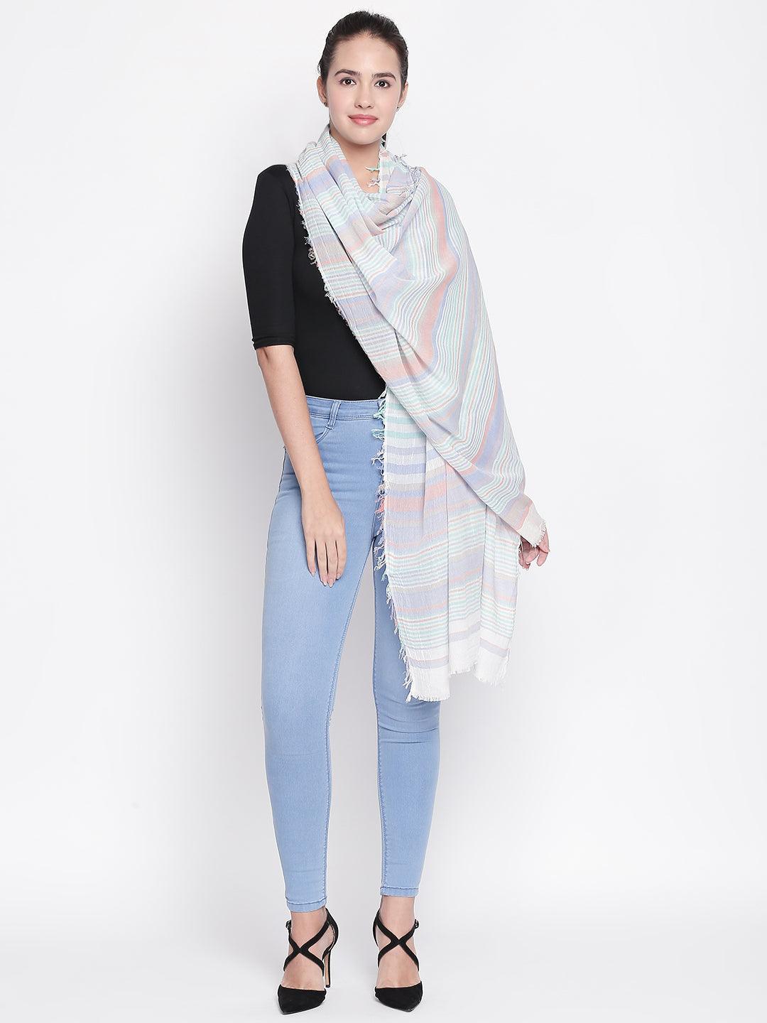 Women Blue & Green Striped Scarf-Stoles & Scarves-StyleQuotient