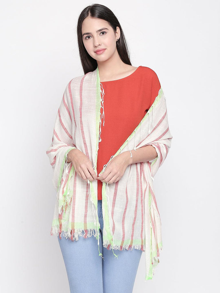 Women Lime Green & Red Striped Scarf-Stoles & Scarves-StyleQuotient