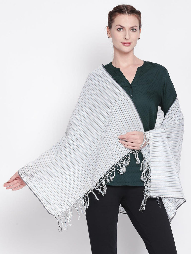 Women White Striped Scarf-Stoles & Scarves-StyleQuotient