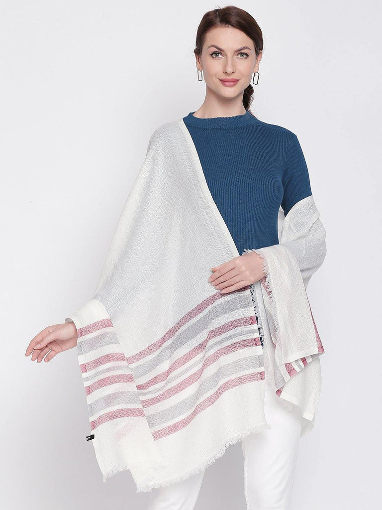 Women Off-White & Maroon Striped Jacquard Shawl-Shawl-StyleQuotient