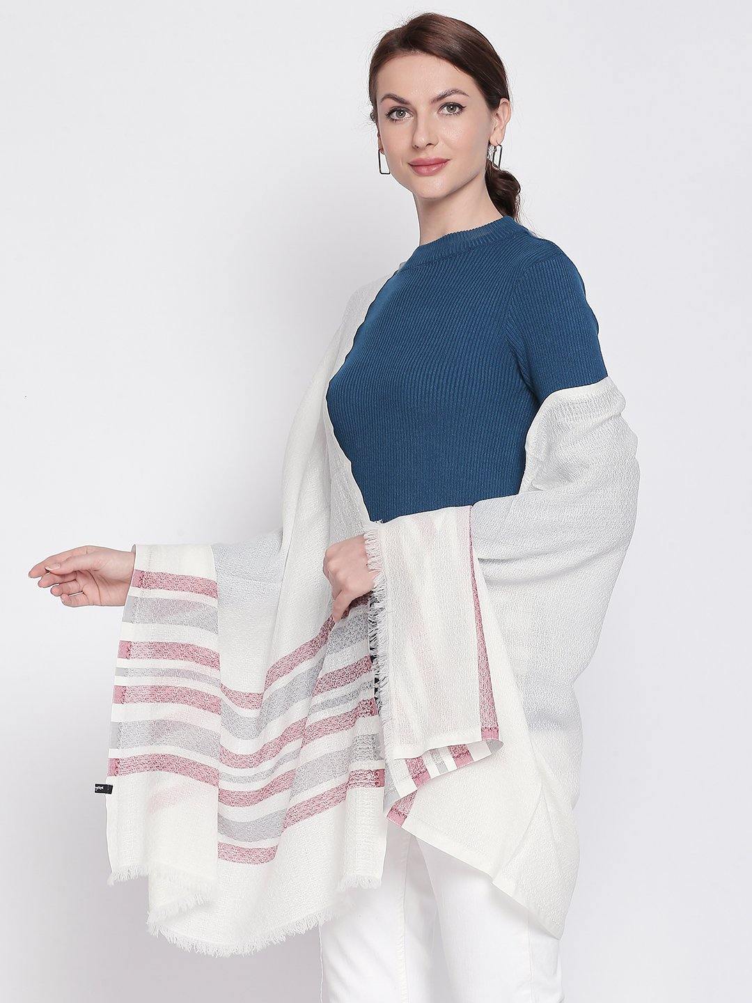 Women Off-White & Maroon Striped Jacquard Shawl-Shawl-StyleQuotient