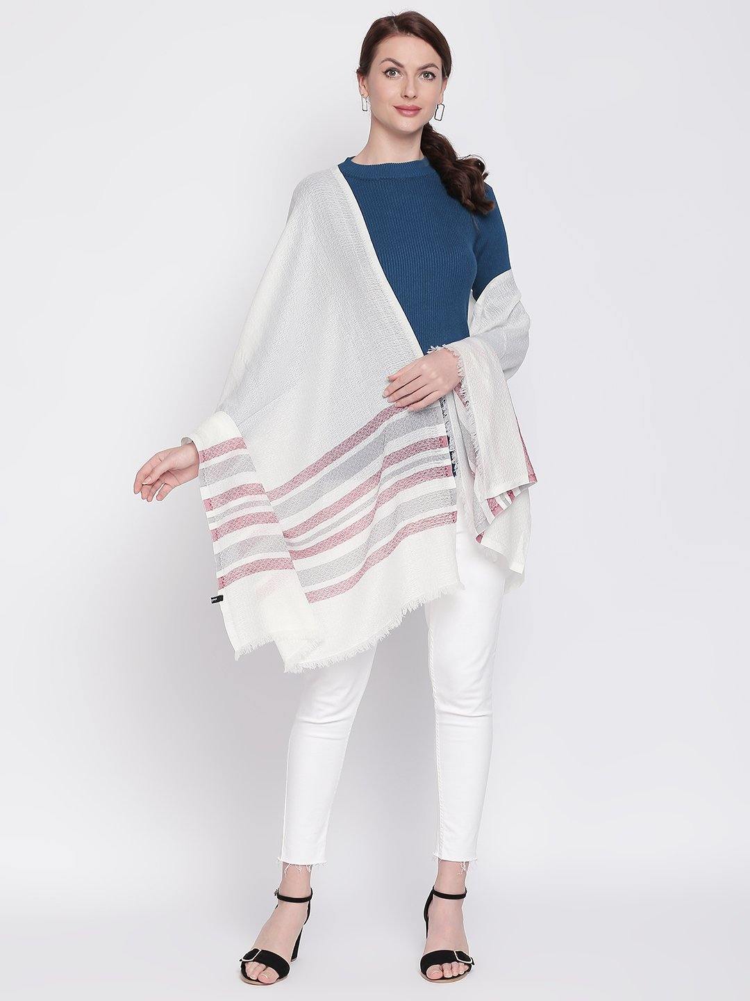 Women Off-White & Maroon Striped Jacquard Shawl-Shawl-StyleQuotient