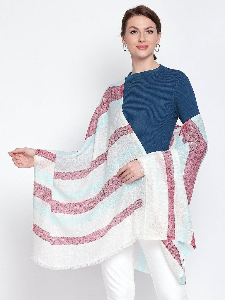 Women Off-White & Pink Striped Jacquard Shawl-Shawl-StyleQuotient