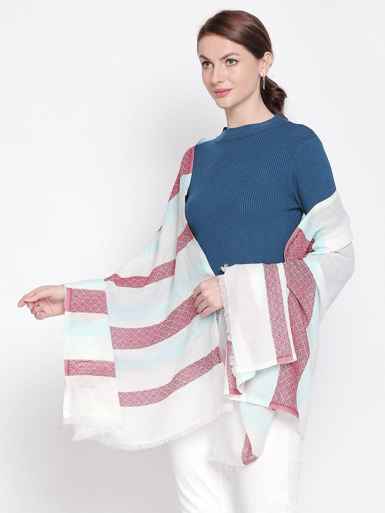 Women Off-White & Pink Striped Jacquard Shawl-Shawl-StyleQuotient