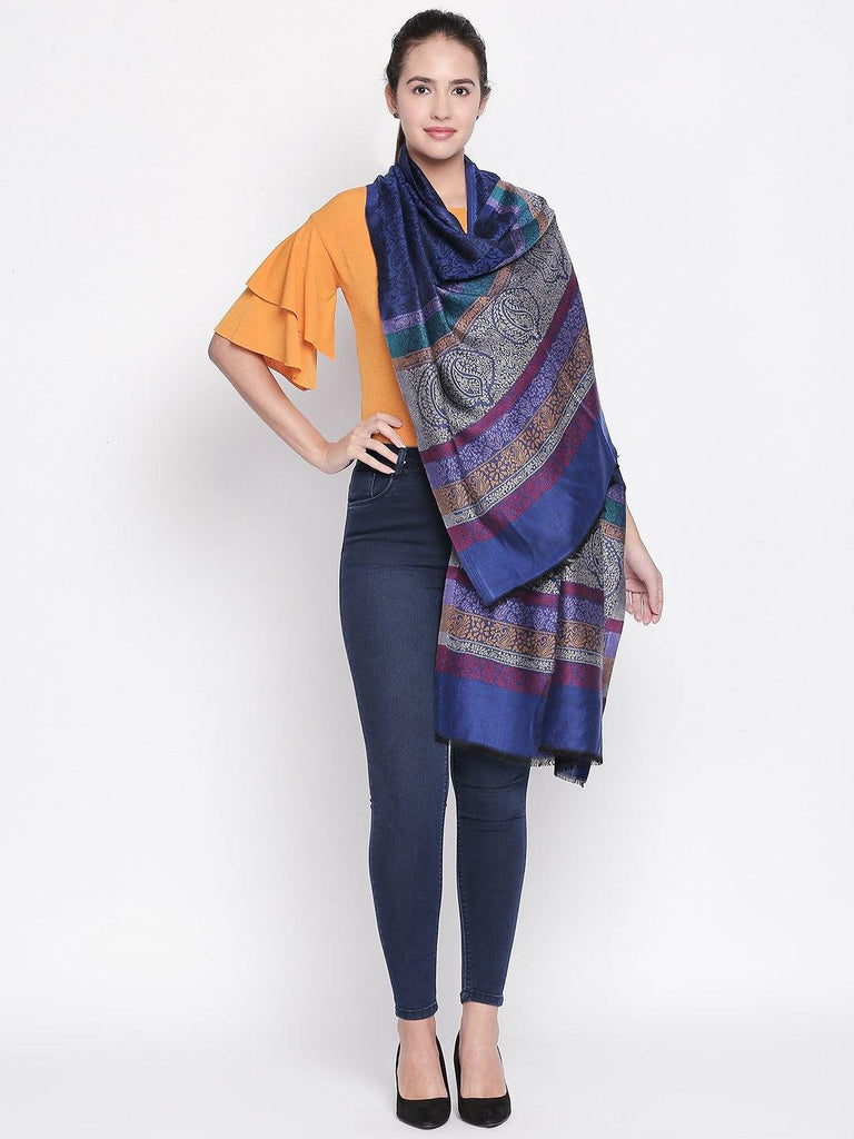 Women Blue Patterned Shawl-Shawl-StyleQuotient