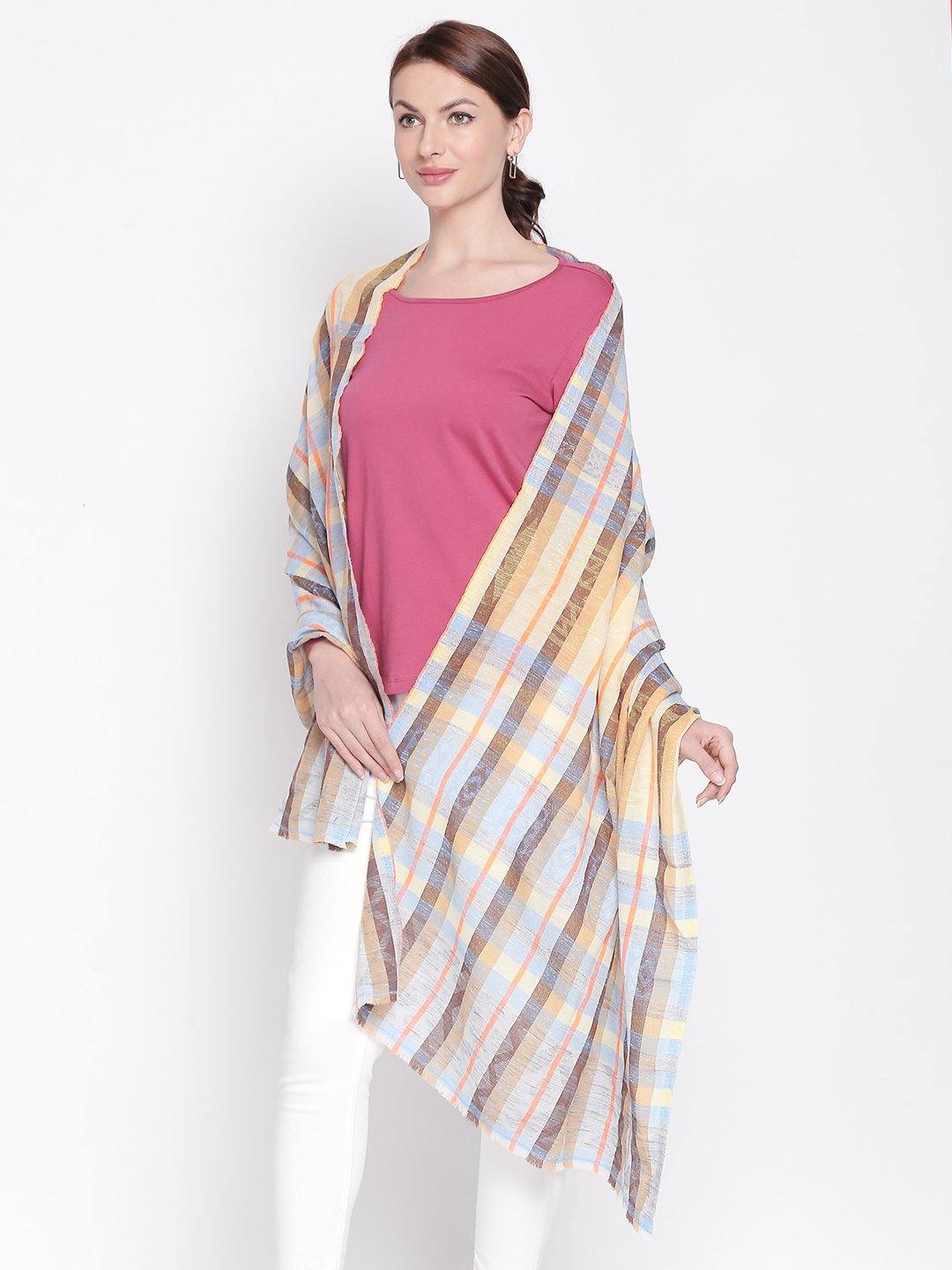 Women Blue & Brown Striped Jacquard Shawl-Shawl-StyleQuotient